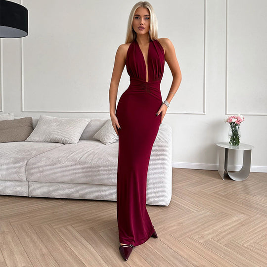 Damen elegantes Abendkleid mit tiefem V-Ausschnitt und figurbetonter Silhouette EB