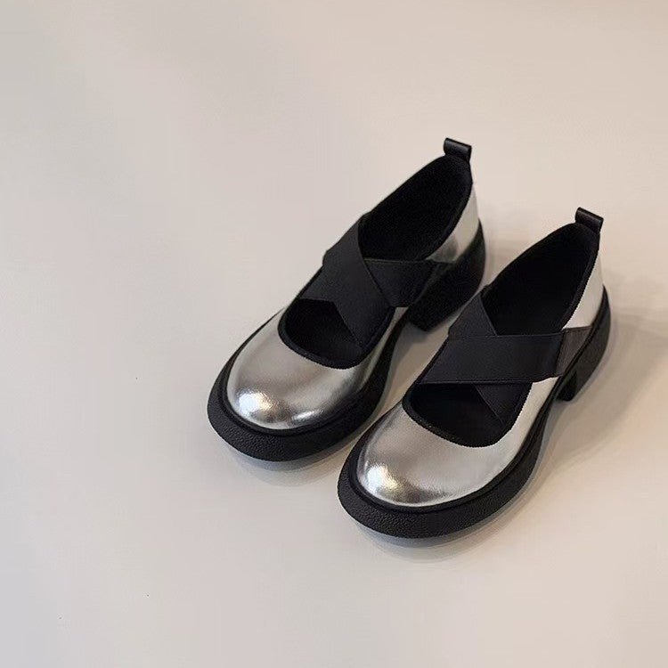 Damen Ballerina mit elastischen Kreuzriemen und modischem Blockabsatz EB