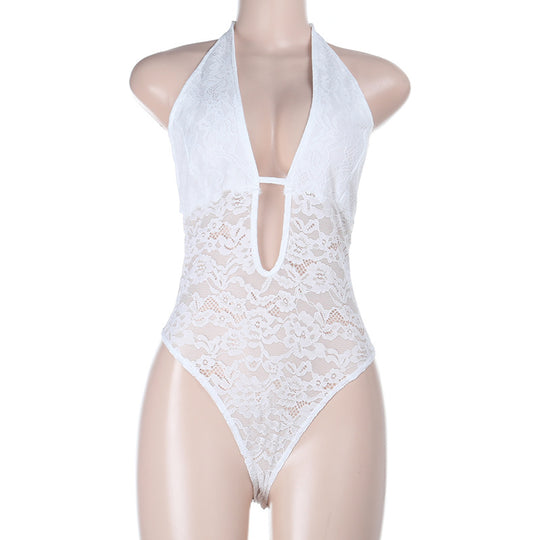 Damen eleganter Spitzenbadeanzug mit tiefem V-Ausschnitt und Rückenschlitz EB
