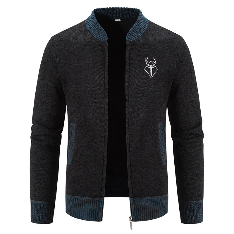 Herren nan lässiger Zip-Strickblouson mit weichem Thermofutter, geripptem Stehkragen und Hirsch-Logo EB