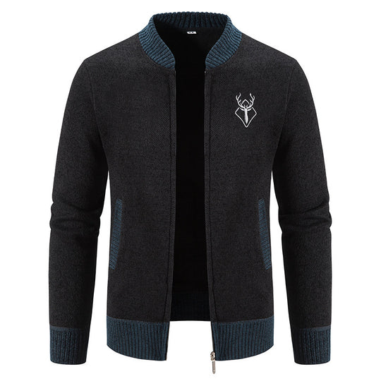 Herren nan lässiger Zip-Strickblouson mit weichem Thermofutter, geripptem Stehkragen und Hirsch-Logo EB