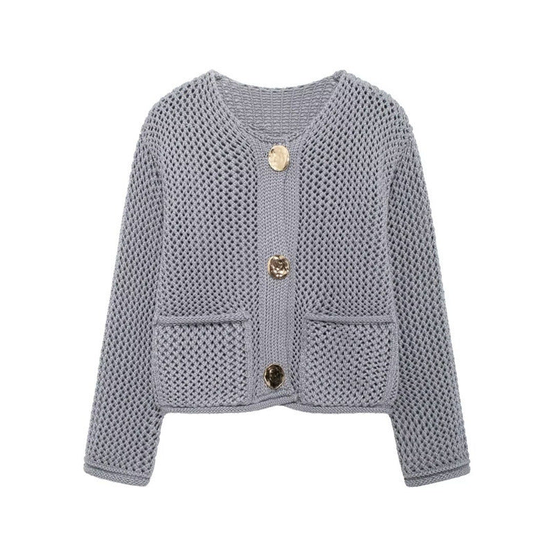 Damen luftige Strickjacke mit durchbrochenem Muster und praktischen Taschen EB