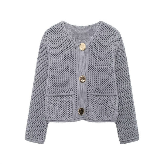Damen luftige Strickjacke mit durchbrochenem Muster und praktischen Taschen EB