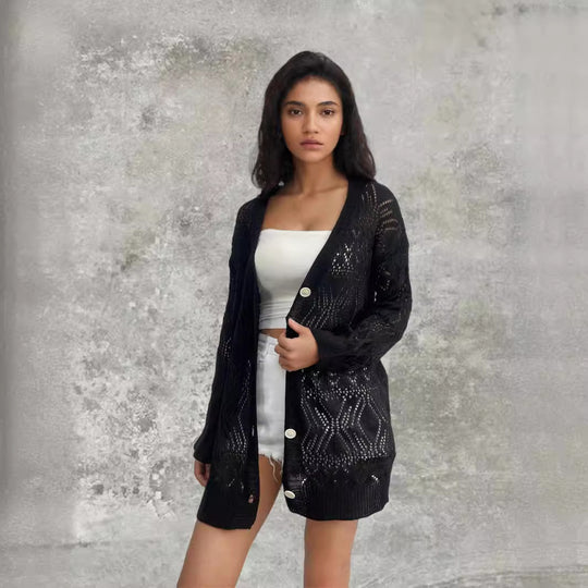 Damen Strickjacke mit feinem Lochmuster und eleganten Knopfdetails EB