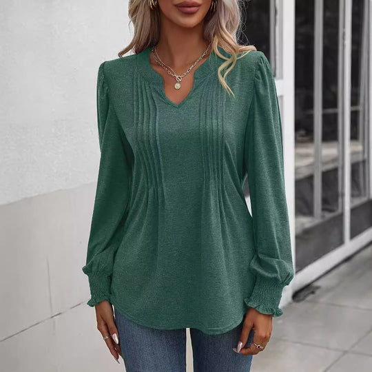 Damen nan Langarmshirt mit V-Ausschnitt, dekorativen Kellerfalten vorn und elastischen Smokbündchen EB