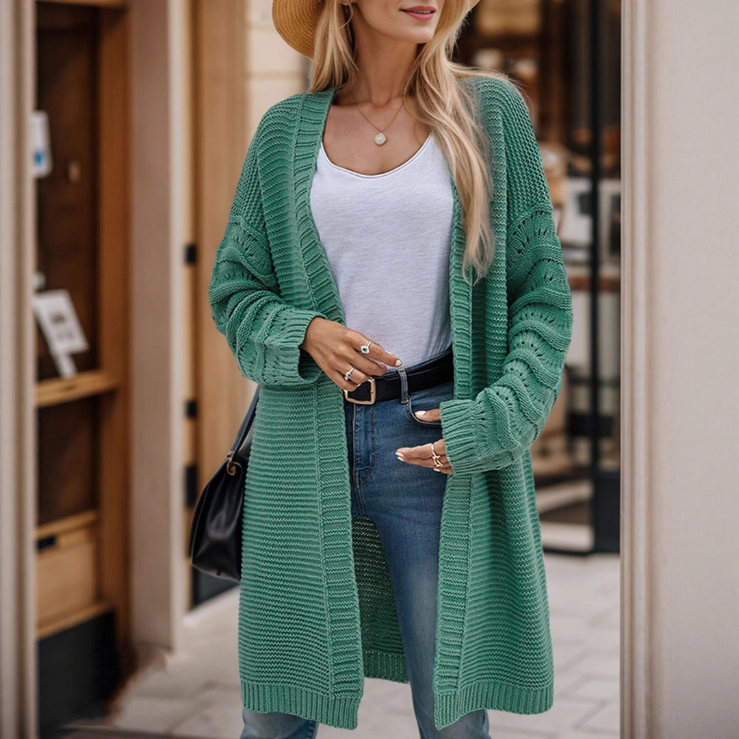 Damen Langer Strickcardigan mit luftiger Maschenstruktur und offener Front EB