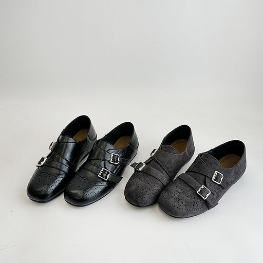 Damen modische Mokassins mit doppeltem Schnallenverschluss und stilvollem perforiertem Design EB