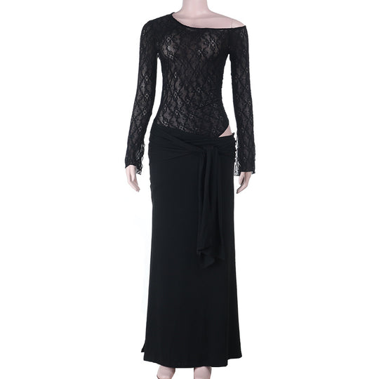 Damen eleganter Spitzen-Bodysuit mit schickem langen Rock EB
