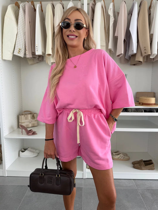 Damen lässiges Set aus Oversize-T-Shirt und Shorts mit verstellbarem Taillenzug EB