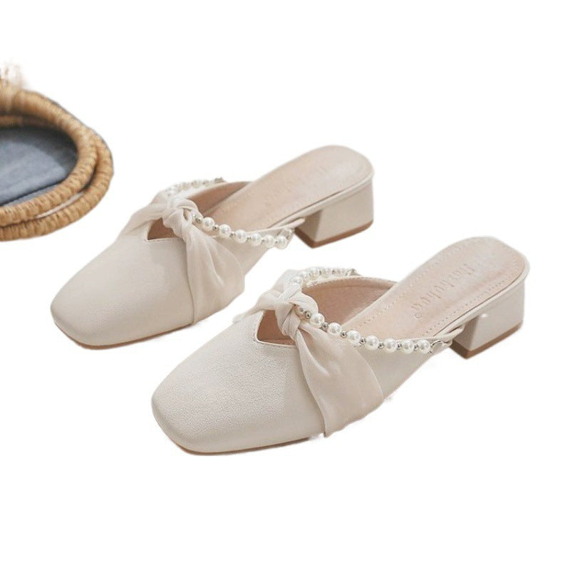 Damen Komfortable Mules mit eleganter Perlenverzierung und modischem Knoten-Design EB
