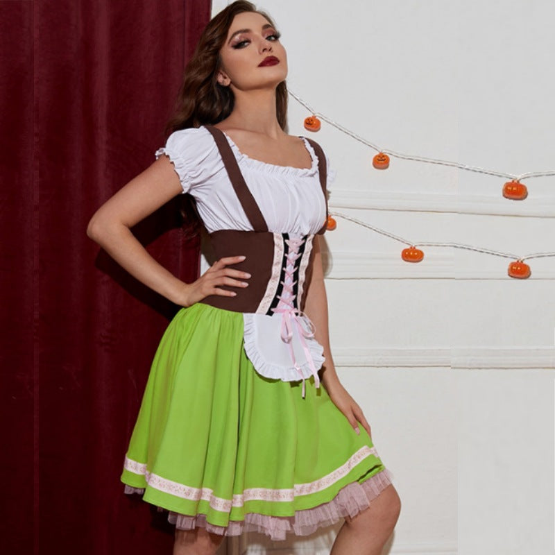 Damen nan Trachten-Festkleid mit figurbetonter Korsett-Schnürung, geraffter Carmenbluse und mehrlagigem Tellerrock EB