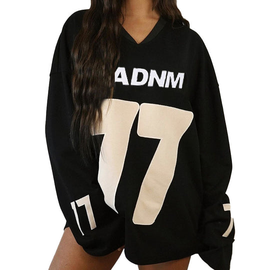 Damen Oversize Sport-Sweatshirt mit V-Ausschnitt und Statement-Print EB