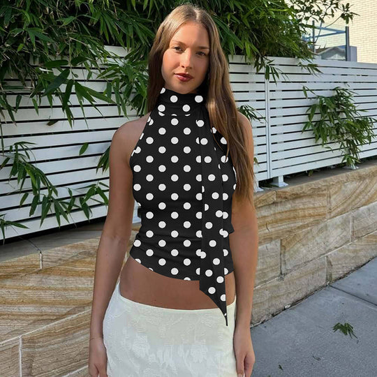 Damen asymmetrisches Polka-Dot-Top mit hohen Schnittlinien und elegantem Halterdesign EB