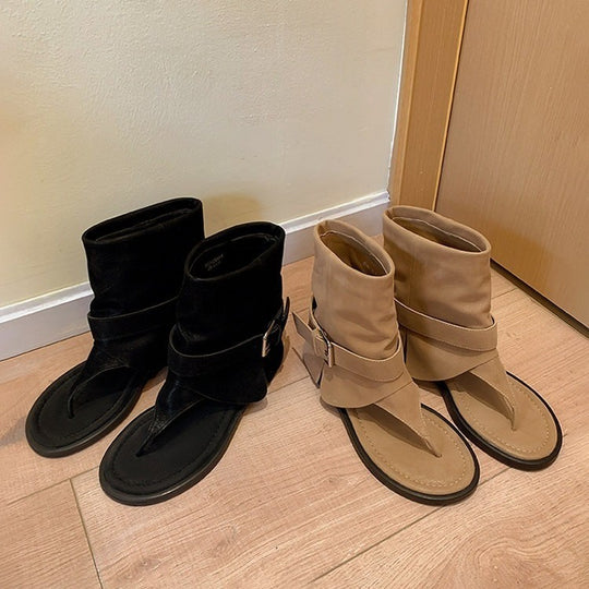 Damen modische Zehentrenner-Stiefeletten mit breitem Riemen und elegantem Schnallenverschluss EB