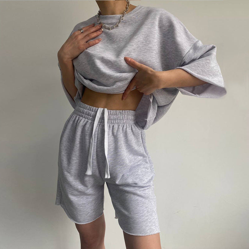 Damen lässiges Crop-Top und Shorts-Set mit weitem Schnitt EB