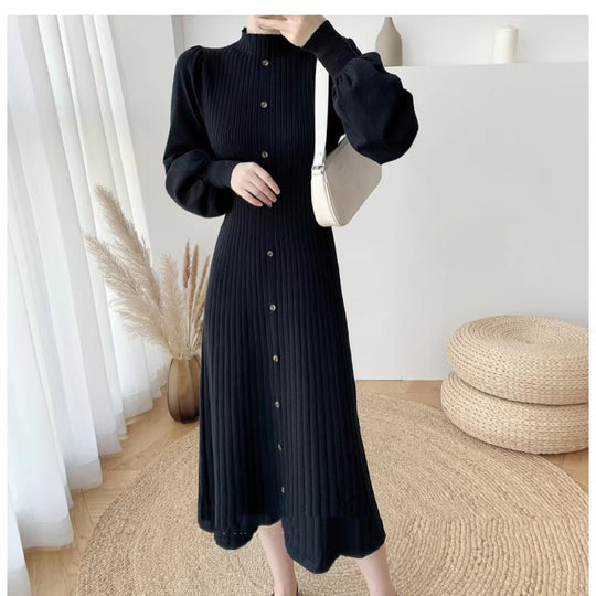 Damen Elegantes, gerippteres Knopfkleid mit langen Ärmeln EB
