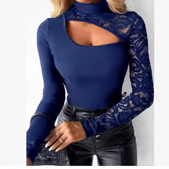 Damen Elegantes Oberteil mit transparenten Spitzenärmeln und asymmetrischem Ausschnitt EB