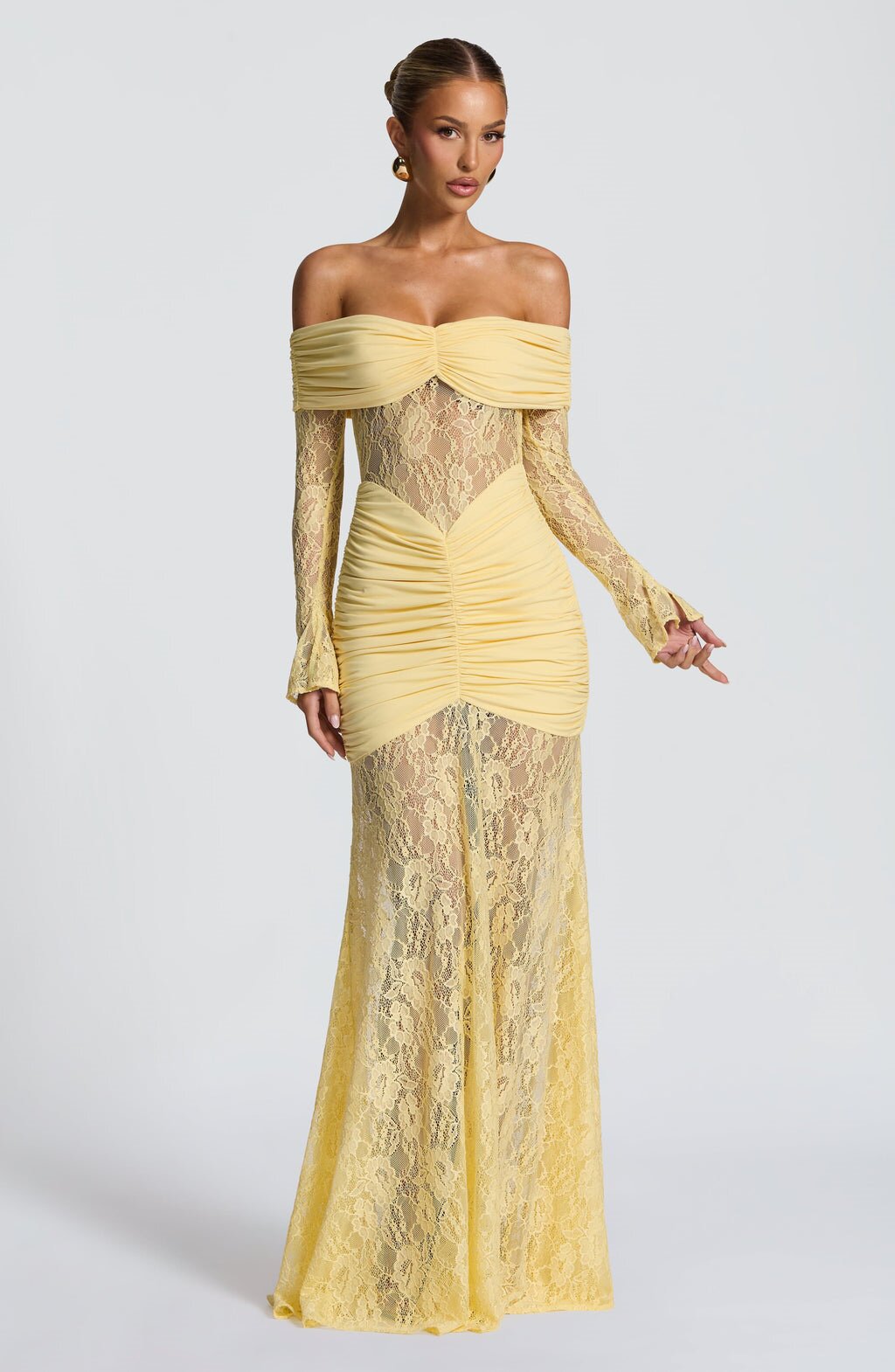 Damen elegantes Spitzenkleid mit Off-Shoulder-Ausschnitt und Raffungen EB