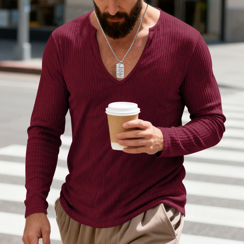 Herren nan geripptes V-Ausschnitt Langarmshirt aus leichter Baumwollmischung EB