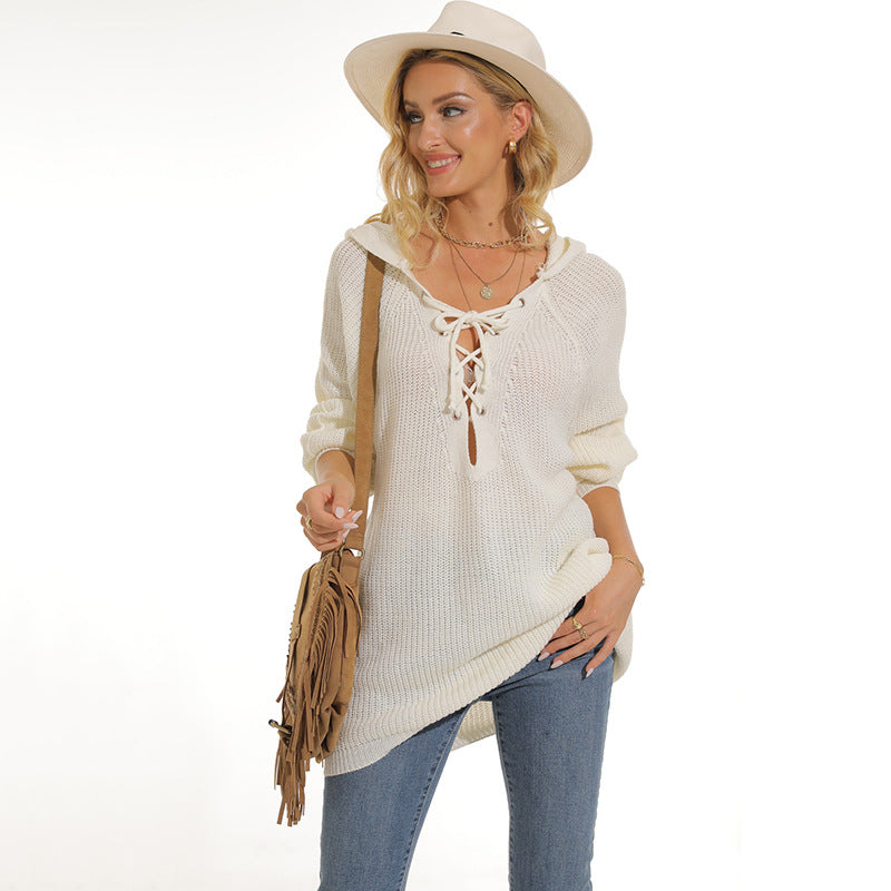 Damen lässiger Strickpullover mit einzigartigem Schnürdesign und lockerer Passform EB