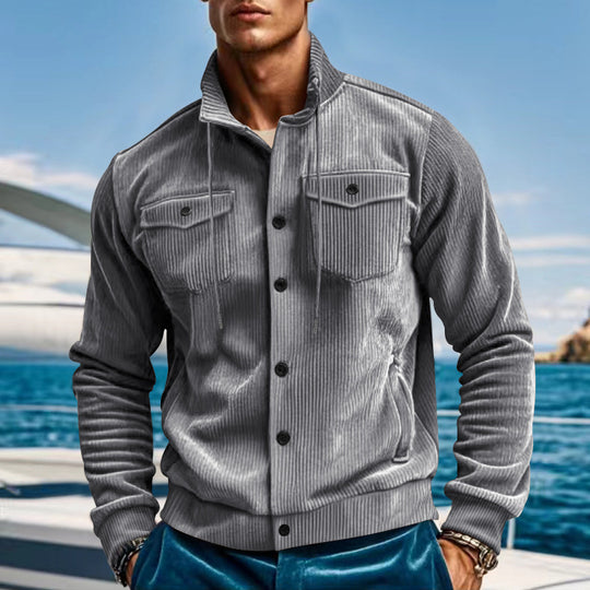 Herren nan lässige fein gerippte Cordjacke mit Stehkragen, Brusttaschen und elastischem Saum EB