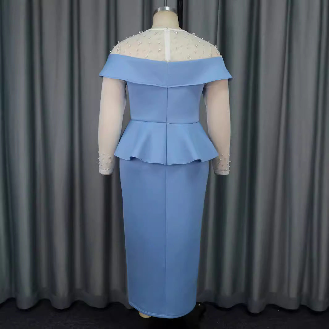 Damen elegantes Midi-Kleid mit schulterfreiem Design und Rüschenelement EB