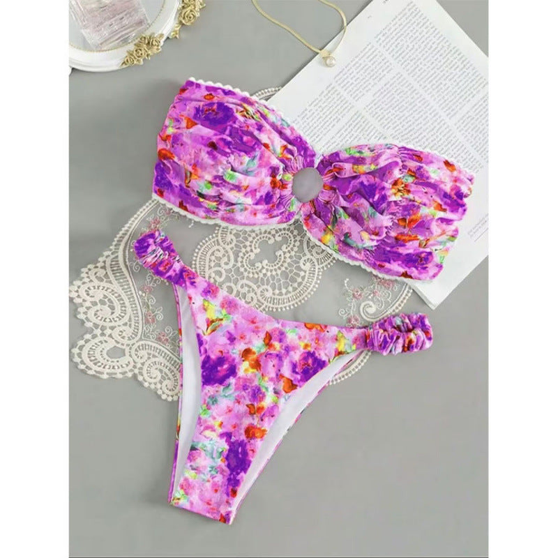 Damen Bandeau-Bikini mit romantischem Rüschendesign und verführerischem Blumenmuster EB