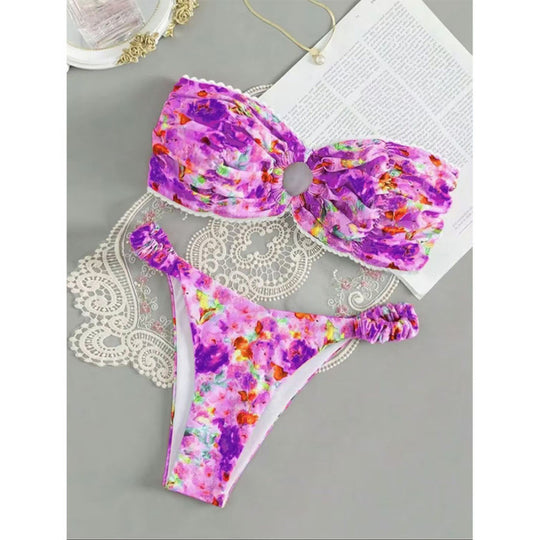 Damen Bandeau-Bikini mit romantischem Rüschendesign und verführerischem Blumenmuster EB