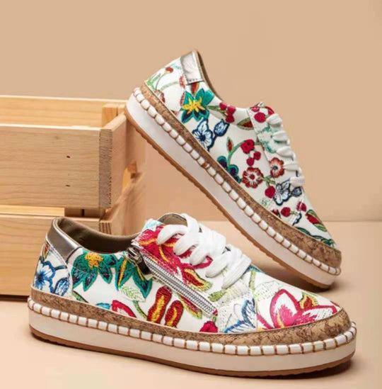 Damen florale Plateausneaker mit Korkplateau, seitlichem Reißverschluss und gepolstertem Komfortfußbett EB
