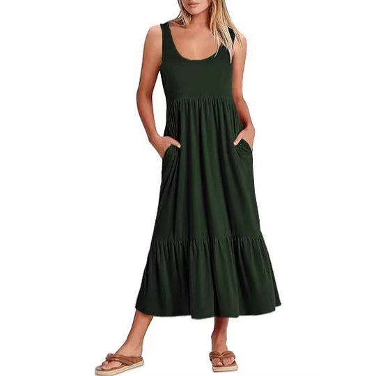 Damen Maxikleid mit fließendem Rock und praktischen Taschen EB