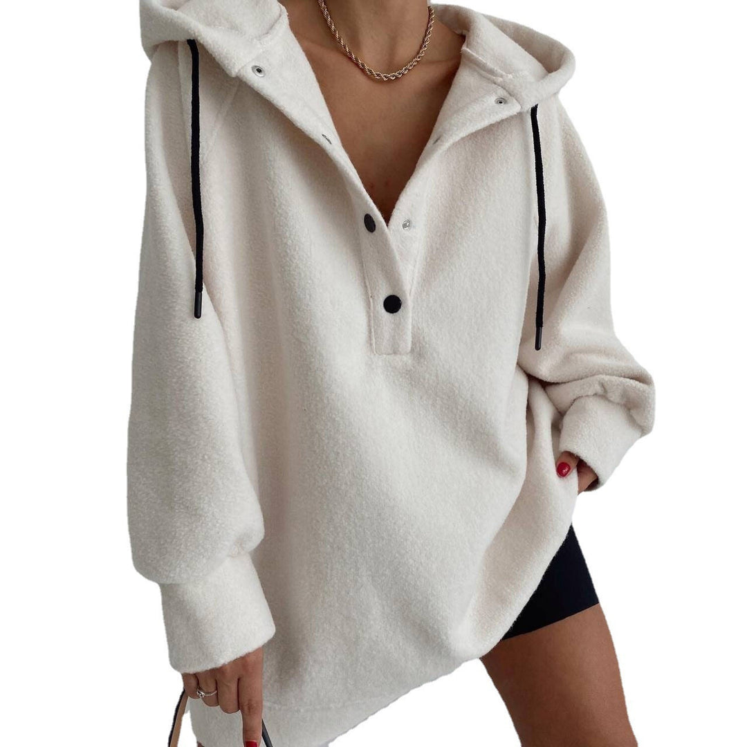 Damen nan kuscheliges Kapuzen-Fleece-Tunika-Sweatshirt mit Druckknopfleiste und überschnittener Schulter EB