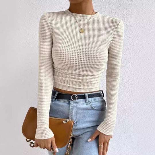 Damen modisches langärmliges Crop-Top mit Waffelstruktur EB