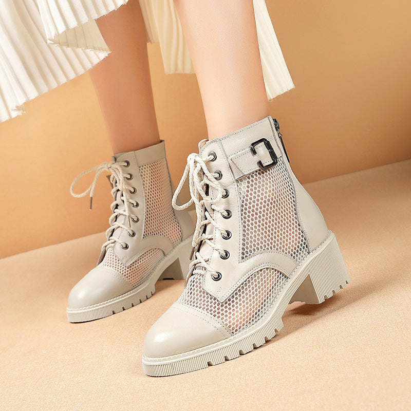 Damen modische Schnürstiefeletten mit modernem Netzdesign und robustem Blockabsatz EB