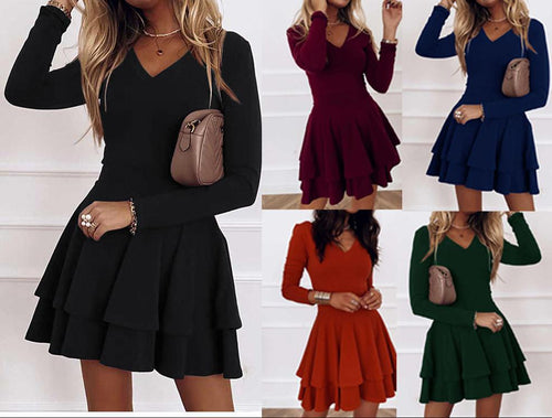 Damen Minikleid mit voluminösen Rüschensaum und V-Ausschnitt EB
