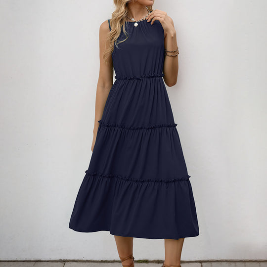 Damen Maxi-Kleid mit Rüschendetails und elastischem Taillenbund EB