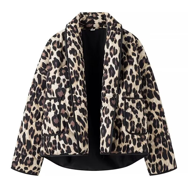 Damen lässige Leopardenmuster Jacke mit praktischem Schnitt und großen Taschen EB