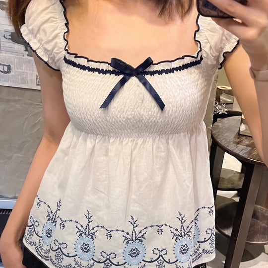 Damen Baumwollbluse mit floralem Stickdesign und schickem Rüschensaum EB