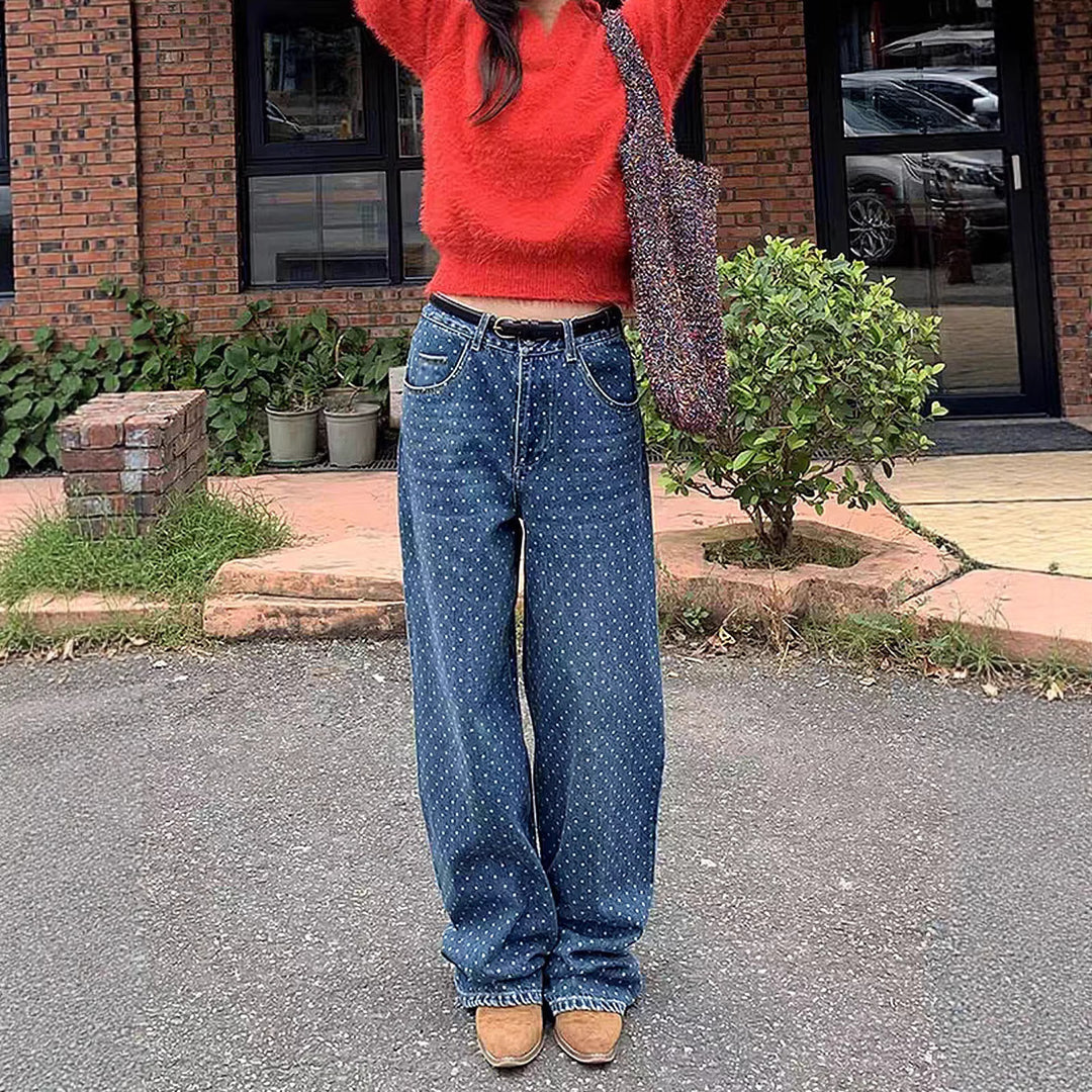 Damen nan hochgeschnittene weite Denimhose mit durchgehendem Punktmuster und klassischem Taschen-Design EB
