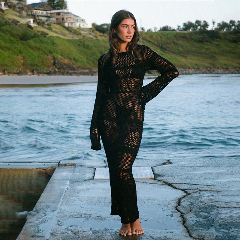 Damen Häkel-Strandkleid mit langem Schnitt und Boxermuster EB