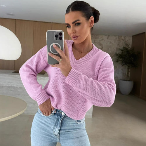 Damen Strickpullover mit tiefem V-Ausschnitt und legerem Schnitt EB