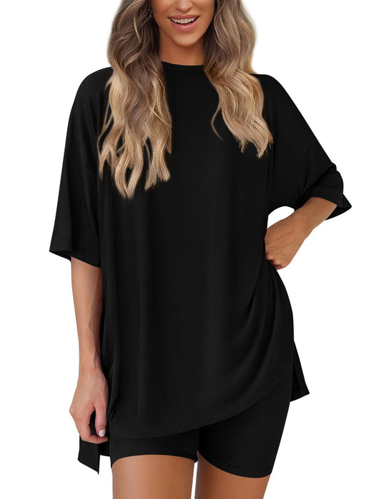 Damen Lässiges Lounge-Set mit übergroßem Oberteil und kurzen Hosen EB