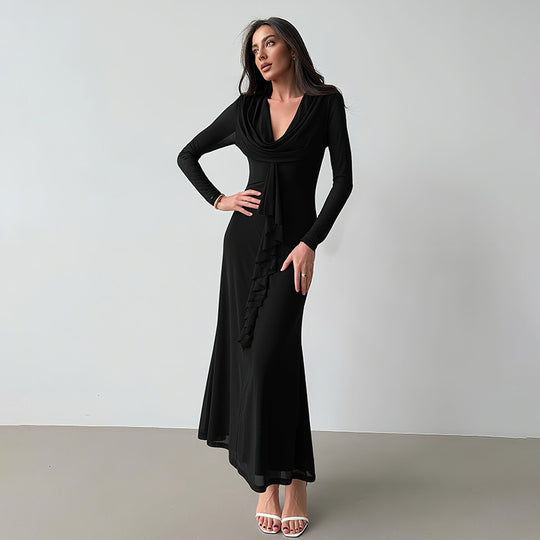 Damen Elegantes Maxikleid mit tiefem V-Ausschnitt und Rüschendetail EB