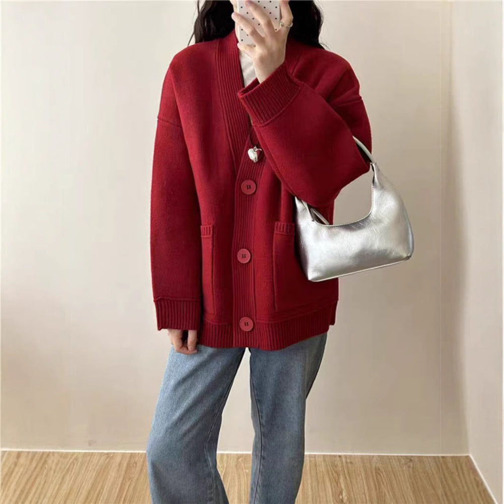 Damen Großer Strickcardigan mit tiefem V-Ausschnitt und praktischen Taschen EB