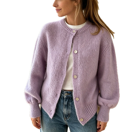 Damen Kuschelige Mohair-Optik Strickjacke mit Rundhals und Ballonärmeln EB