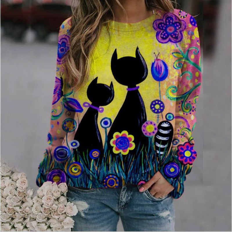 Damen Oversized-Sweatshirt mit künstlerischem Katzen-Print und floraler Musterung EB
