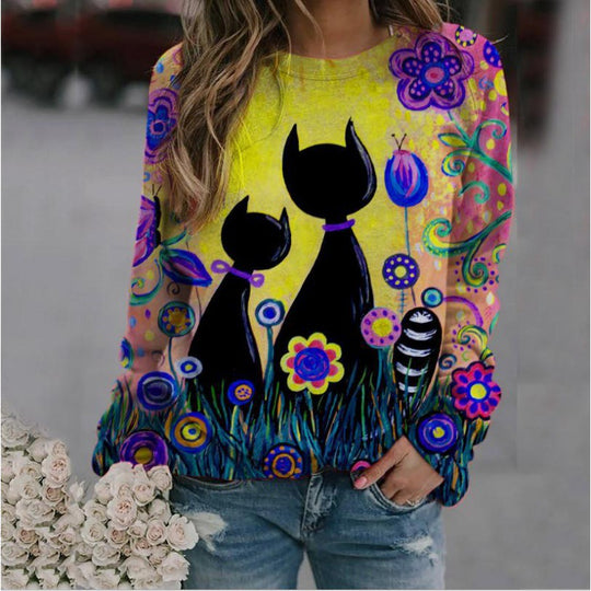 Damen Oversized-Sweatshirt mit künstlerischem Katzen-Print und floraler Musterung EB