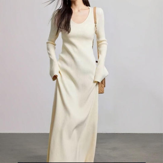 Damen elegantes Maxikleid mit feiner Rippstruktur und V-Ausschnitt EB