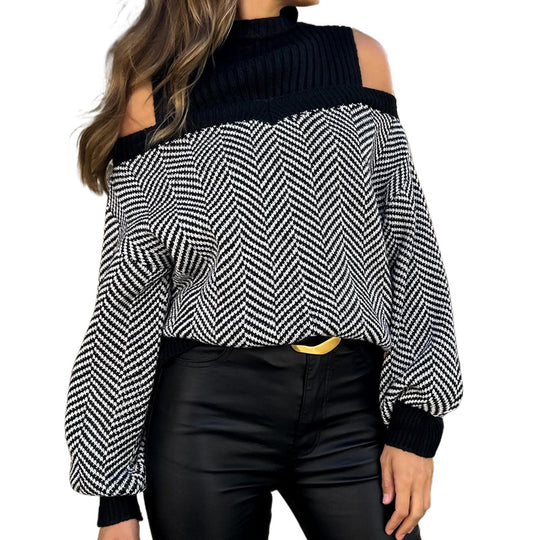 Damen Strickpullover mit Schulterfreiem Design und Stilvollem Zickzackmuster EB