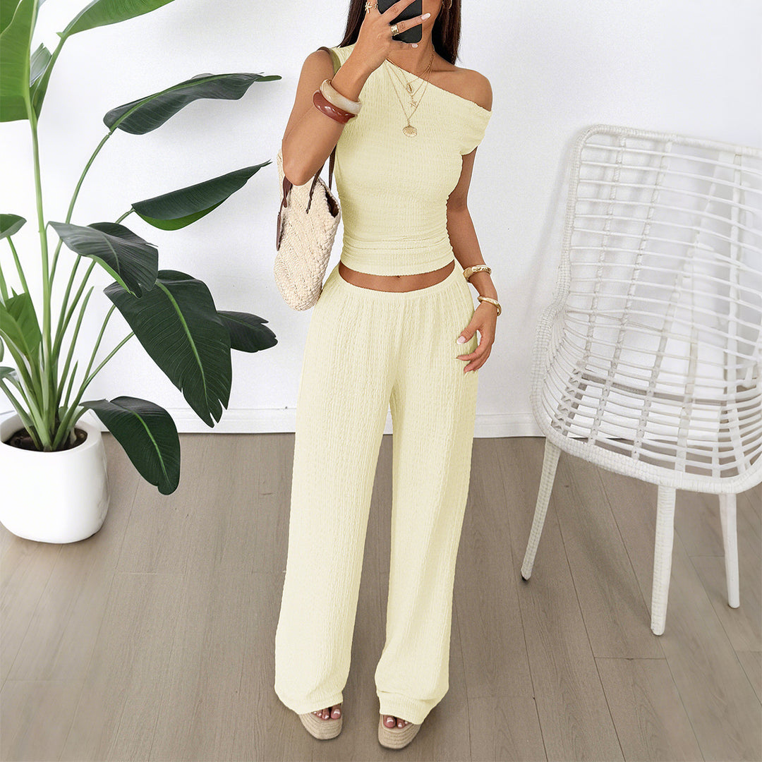 Damen Zweiteiliges Set aus elastischem Rippstoff mit asymmetrischem Top und weitem Hosen EB
