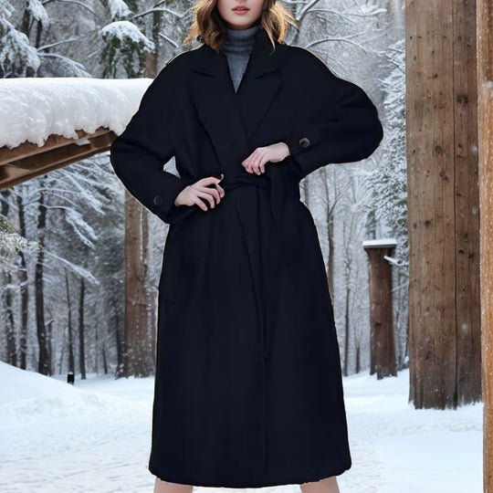 Damen eleganter langer Mantel mit breitem Revers und Gürtel EB